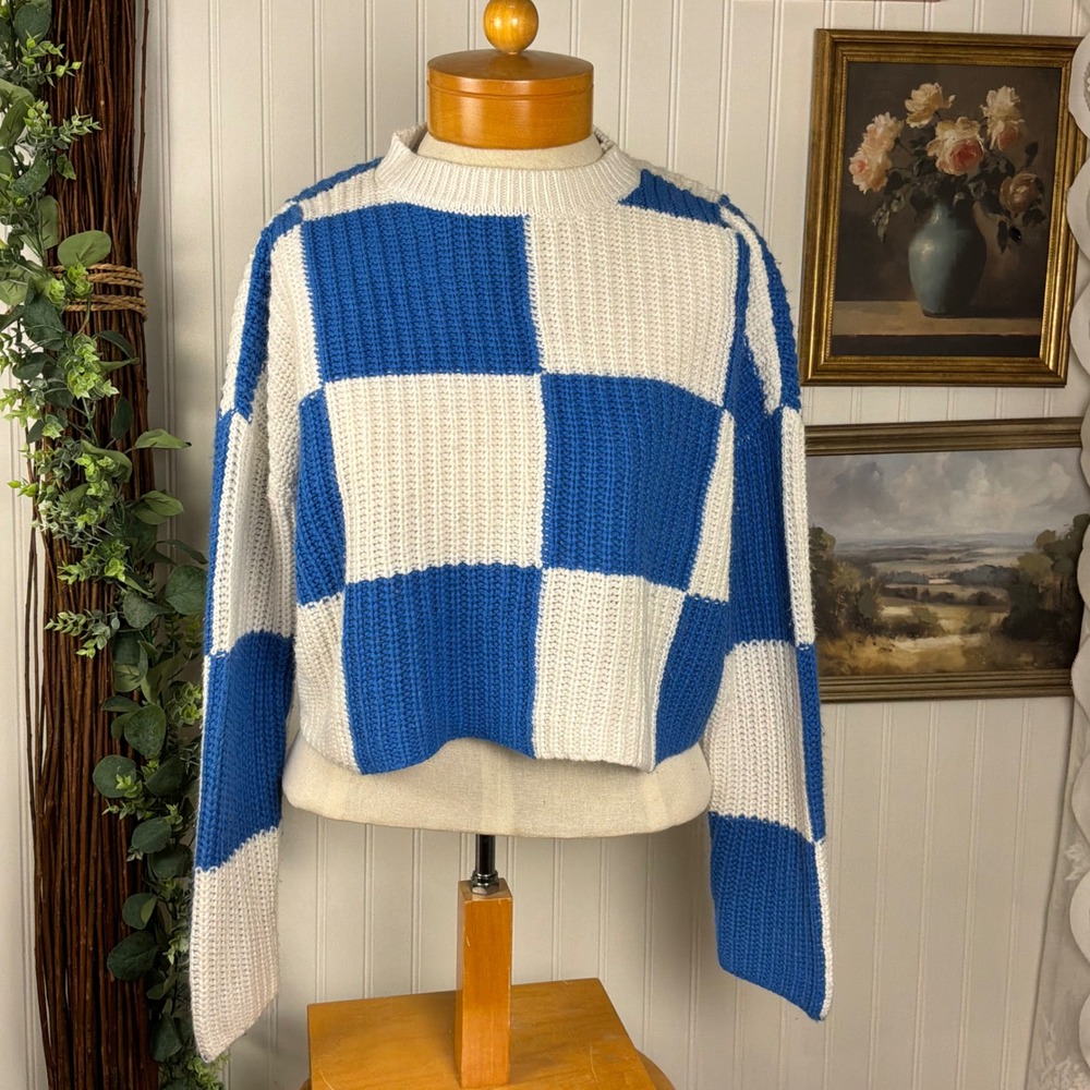 Moon & Madison Sweater Womens XS Blue Excellent Checkered Knit Cropped